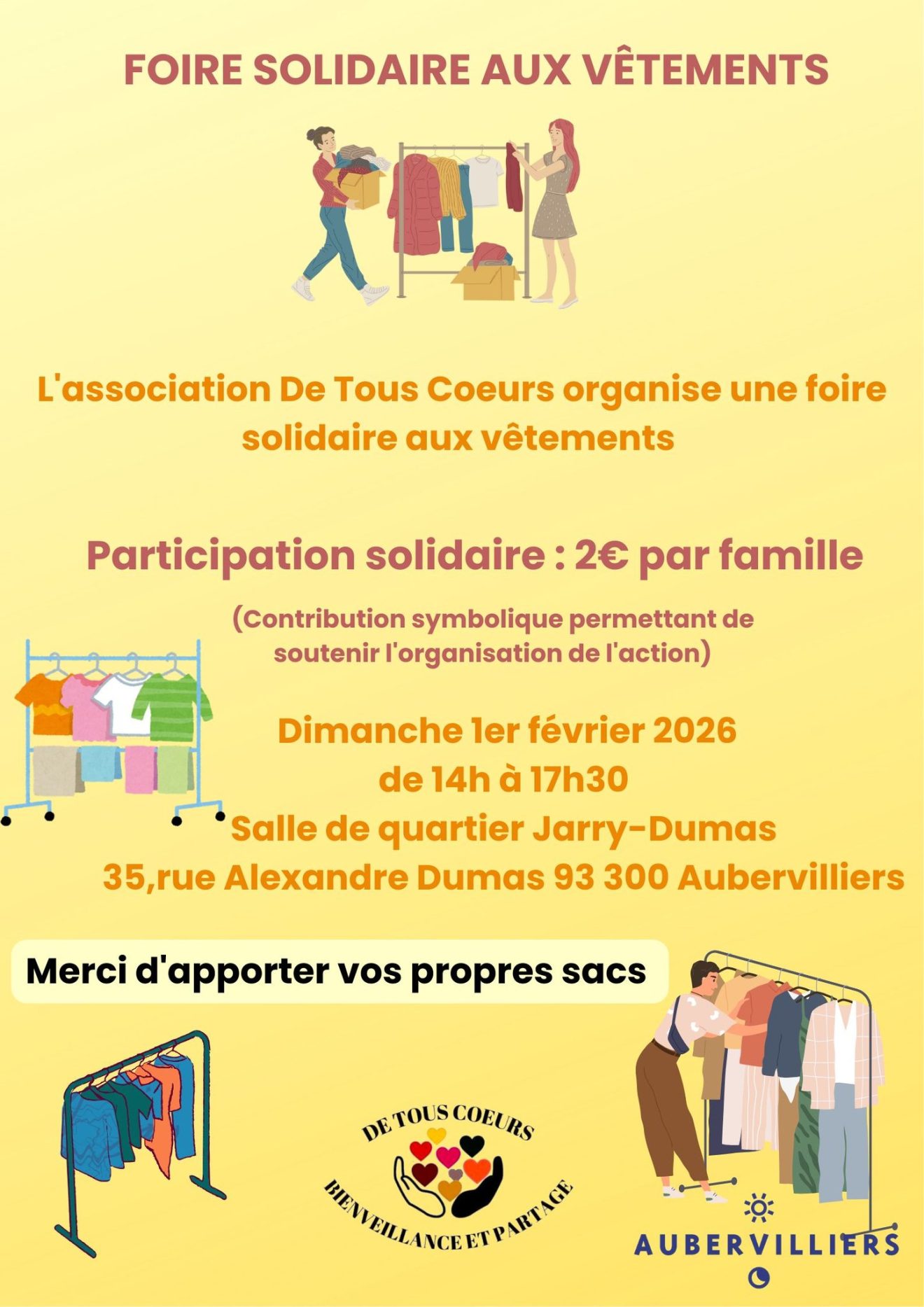 Foire solidaire aux vêtements avec l'association De tous coeurs